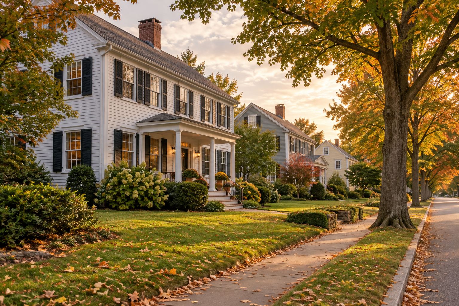 A New England colonial home on a tree lined street, illustrative