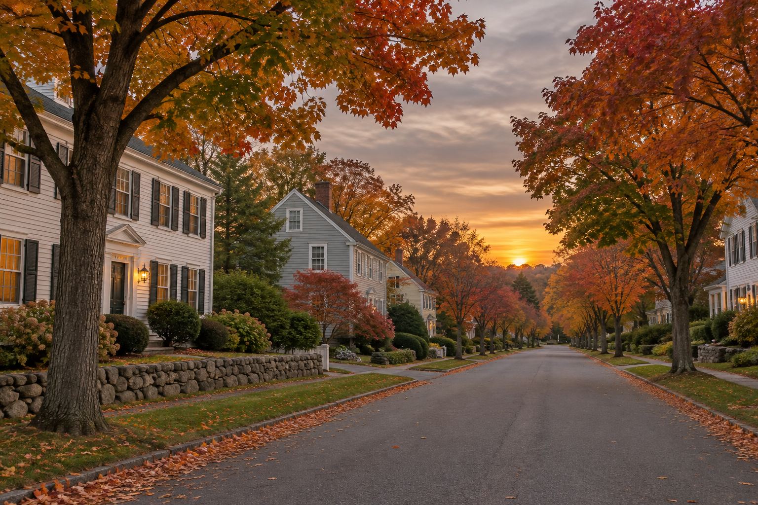 A Amesbury residential street at sunset, illustrative