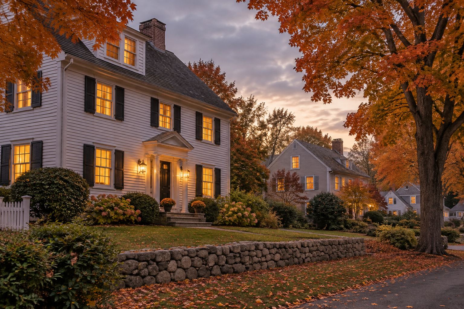 A Greater Newburyport home at dusk, illustrative
